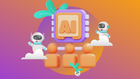 Two AI robots peaking behind the cloud