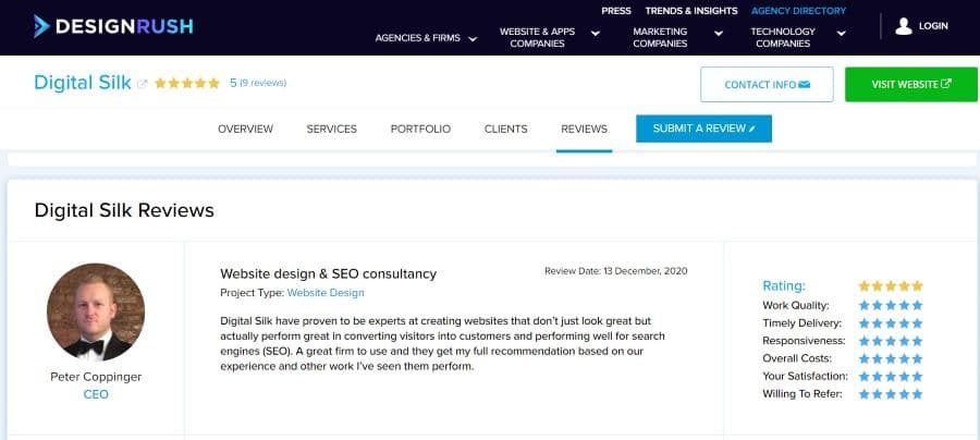 AK World profile on DesignRush screenshot as an example of an agency profile on rating platforms