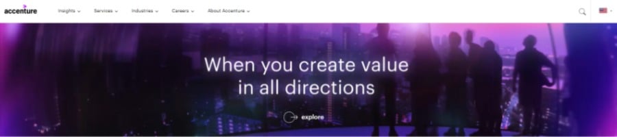 a screenshot of Accenture's homepage as an example of bad website design focused on vague CTA messaging