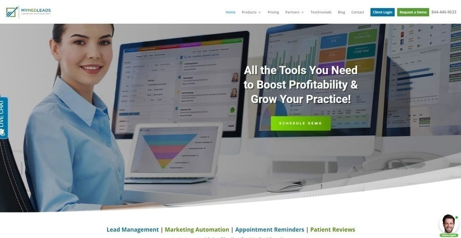 The website homepage of business & automation tool MyMedLeads