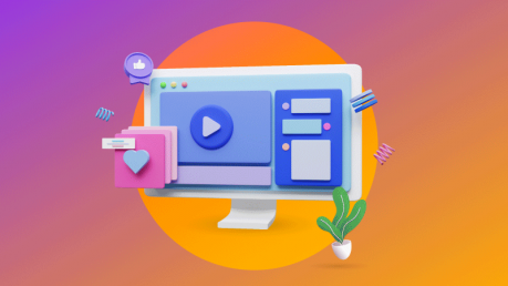 Website animation hero image with animation elements - play button, heart, etc.