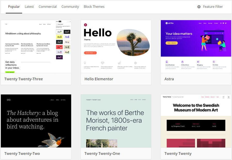 A screenshot of WordPress' theme library