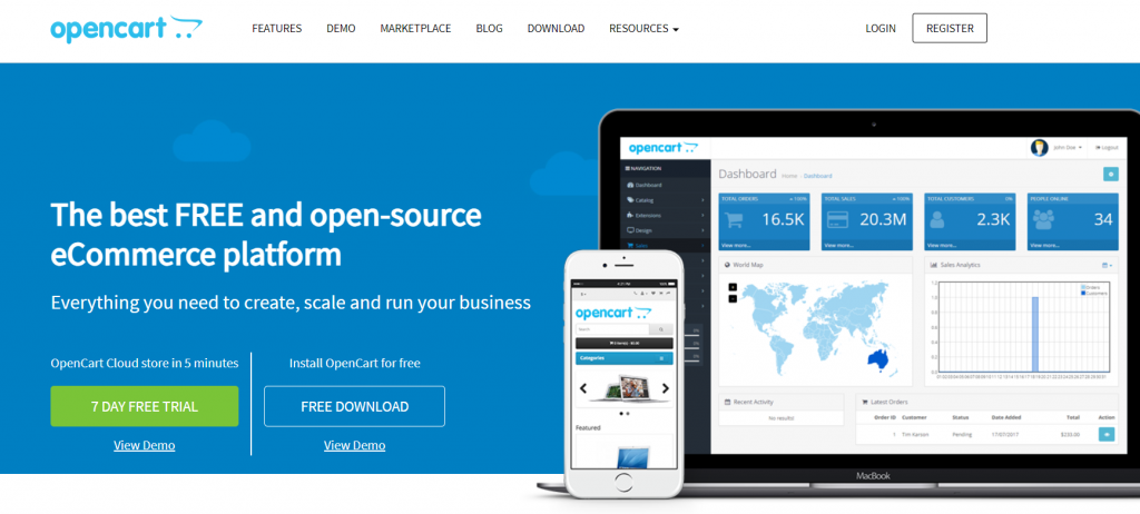 OpenCart's website homepage