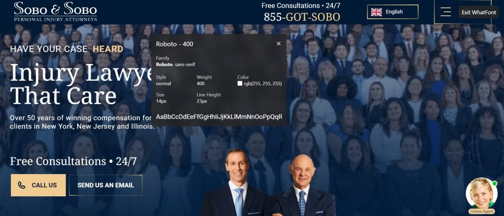 Screenshot of Sobo & Sobo's website with WhatFont tool
