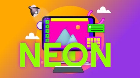 A photo of a computer with the drawing of a mountain on it colored in neon hues with the work 