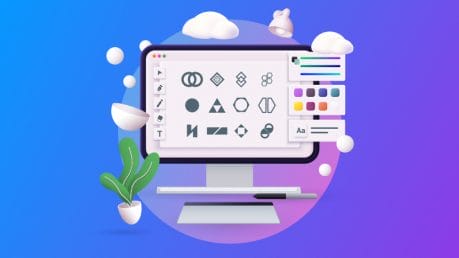 logo-shapes-hero-image illustration of a computer with geometric shapes on the screen