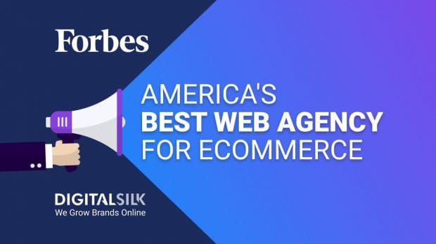 An illustration of a hand holding a megaphone, announcing that Forbes voted AK World the best web agency for eCommerce in America.
