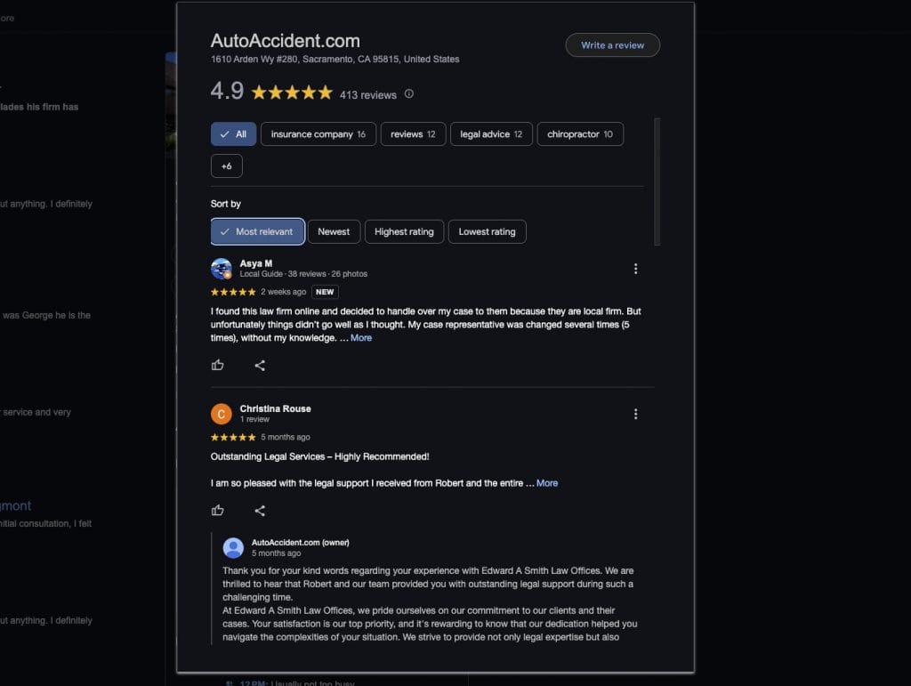 AutoAccident Law Offices of Edward A. Smith Google reviews screenshot