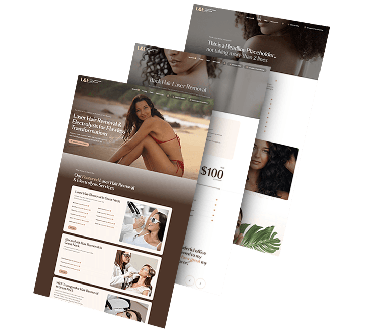 Three stacked images showing three pages of Laser by Aleya's website design