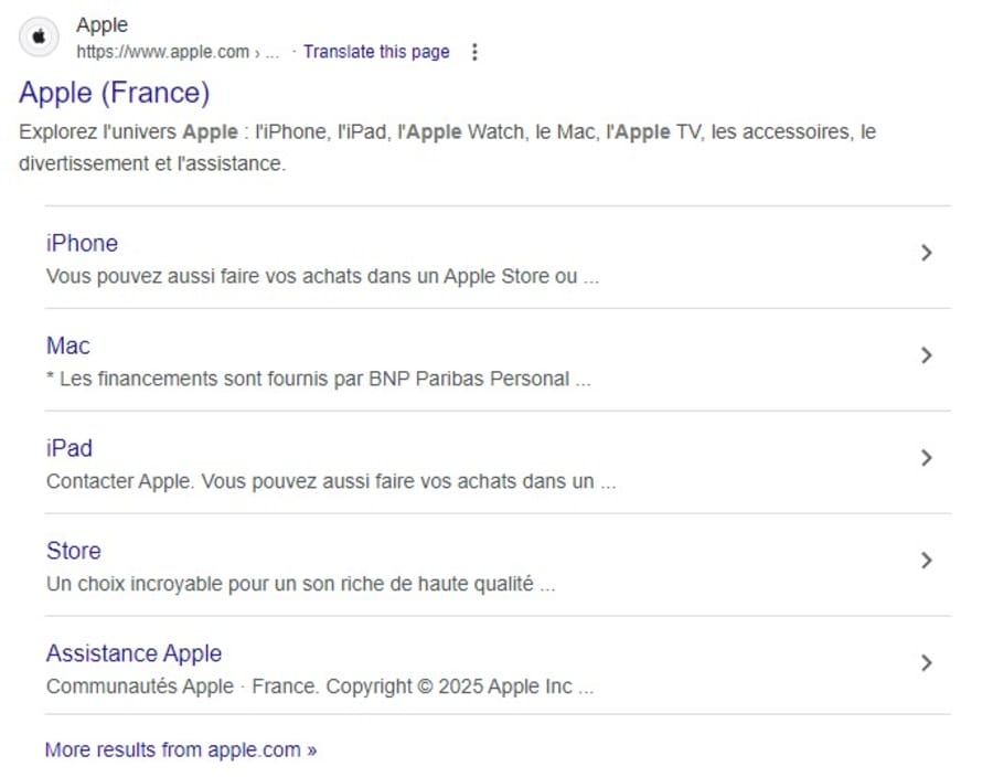 Google Search showing results for Apple France