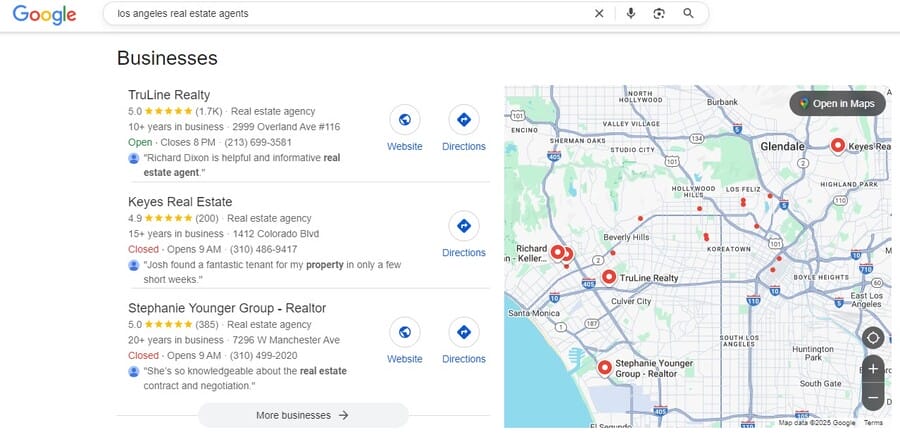 Google Search image showing results for “Los Angeles real estate agents” 