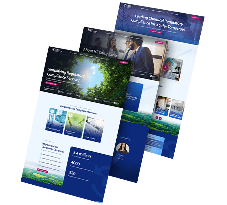 A collage of three images showing H2 Compliance's website pages