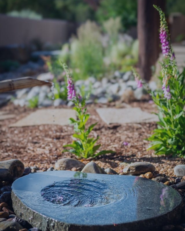 Background image for Urbanna's case study showing a stone water basin with flowers around it in a landscaped garden