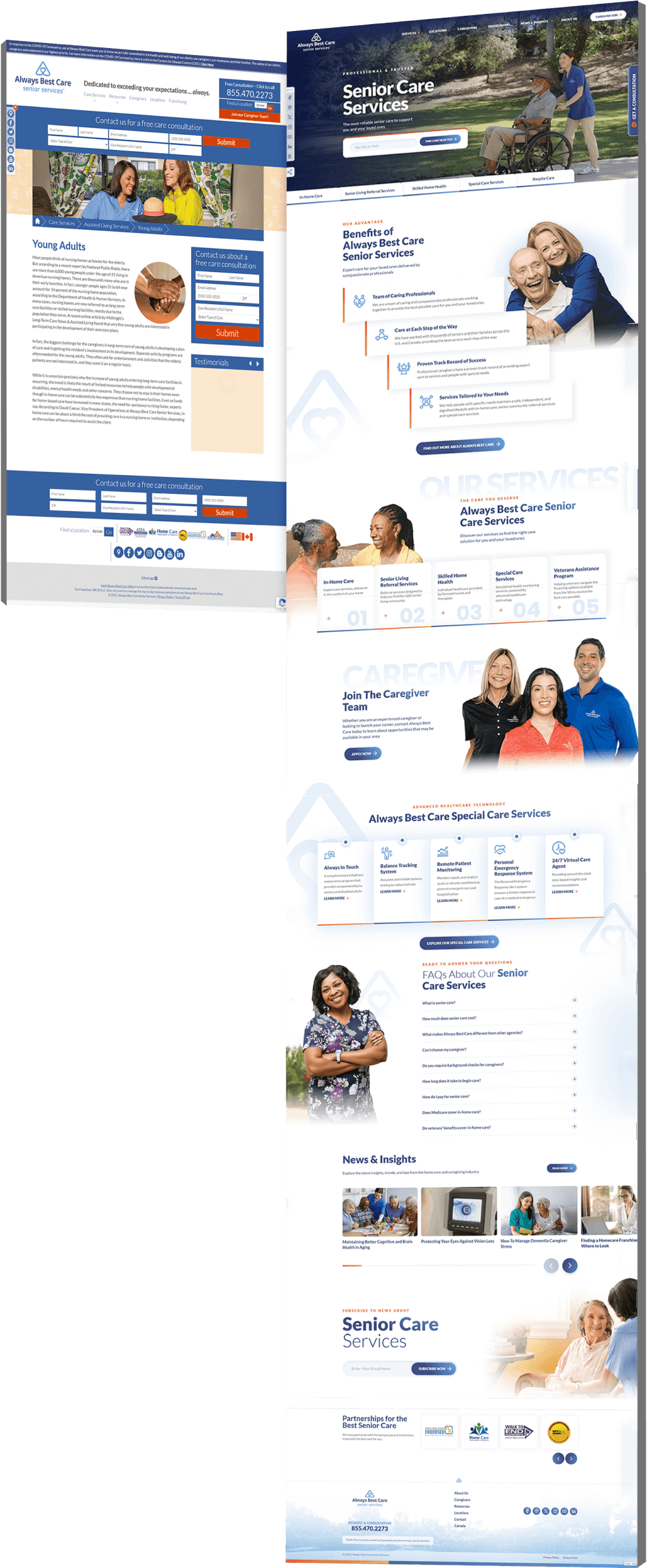 Side-by-side comparison of the Always Best Care website showing the old text-heavy layout on the left and the redesigned version on the right with structured service categories, caregiver recruitment, special care technology features, FAQ section and blog content.