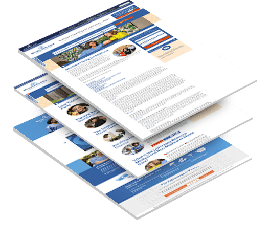 Three stacked pages from the previous Always Best Care website showing a dated blue and orange layout with text-heavy content blocks and stock imagery.