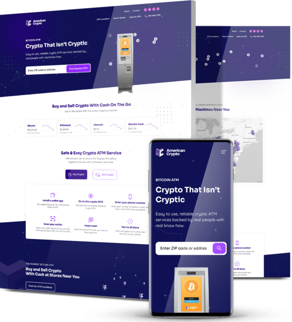 American Crypto responsive website on desktop and mobile with a Bitcoin ATM hero, ZIP code search, real-time crypto prices, usage walkthrough and ATM locator map.