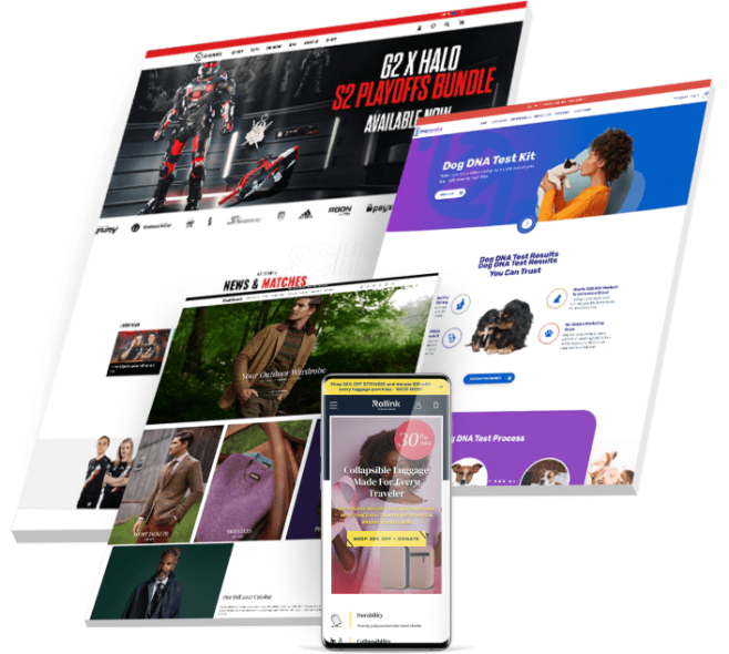 ecommerce-web-design-company-featured-work Layered showcase of eCommerce projects across desktop and mobile including esports merch, outdoor fashion, dog DNA testing and collapsible luggage.