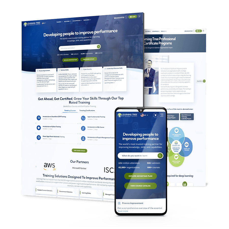 Learning Tree International website across desktop and mobile with course search, training stats, partner logos and professional certificate programs.
