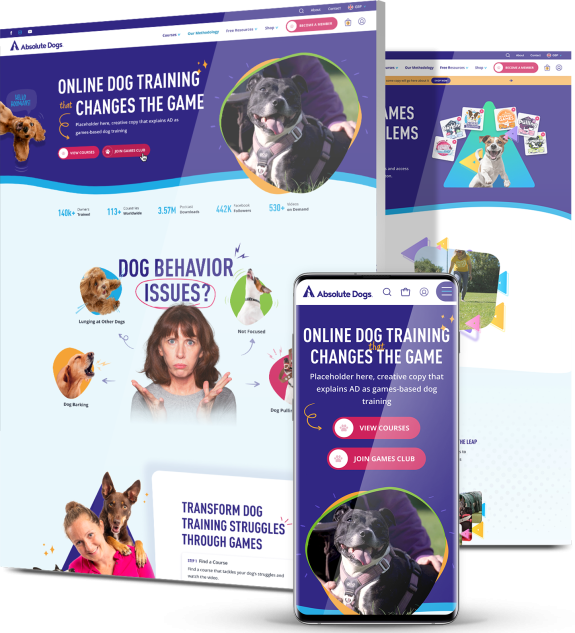 shopify-development-services-absolute-dogs-slides Absolute Dogs website across desktop, shop view and mobile with games-based dog training content, behavior issue graphics and engagement statistics.