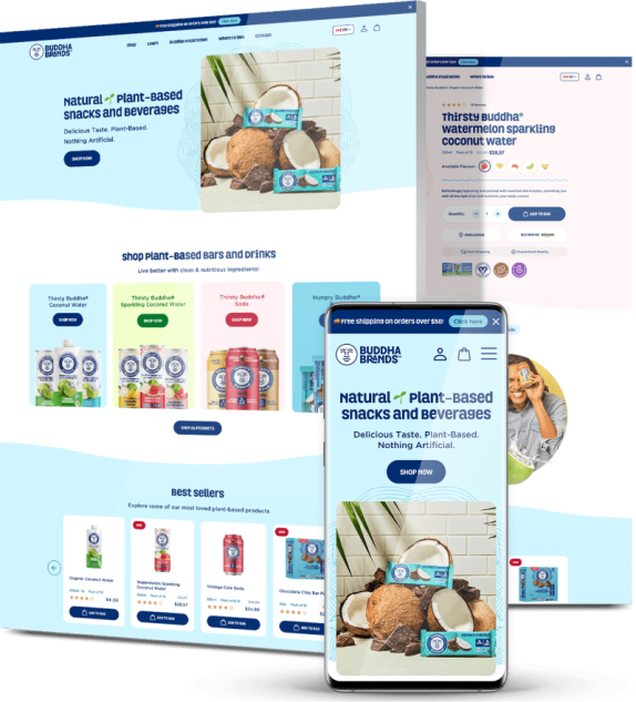 Buddha Brands website across desktop, product detail page and mobile with plant-based beverage categories, best sellers and coconut water product listing.
