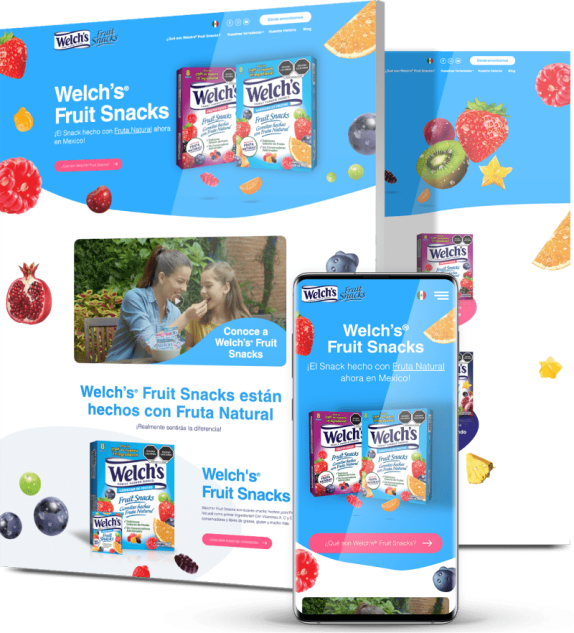 Welch's Fruit Snacks website across desktop and mobile with Spanish-language copy, vibrant fruit imagery, product packaging and lifestyle photography.