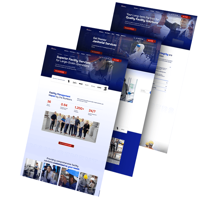 Three Allegiance Industries website mockups in a flipped stack arrangement, showing the homepage with facility management statistics and a customized solutions section, a janitorial services landing page and a long-term facility solutions page